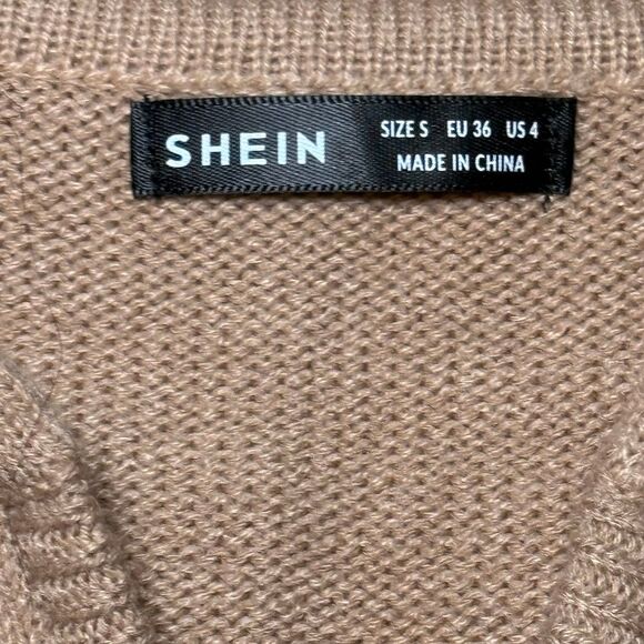 Shein Sweater Women's oversized small Tan V neck Collared Lightweight Cable Knit - Picture 2 of 5